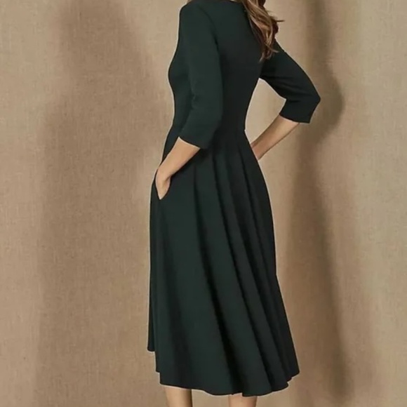 BHLDN Valdis Emerald Green 3/4 Sleeve Midi Formal Dress Deep V - Picture 2 of 5